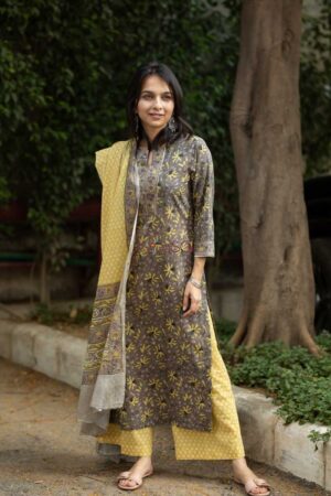 Image for Kusvaa Kuoj80 Cedar Brown Yellow Kurta Pant And Dupatta Set Featured