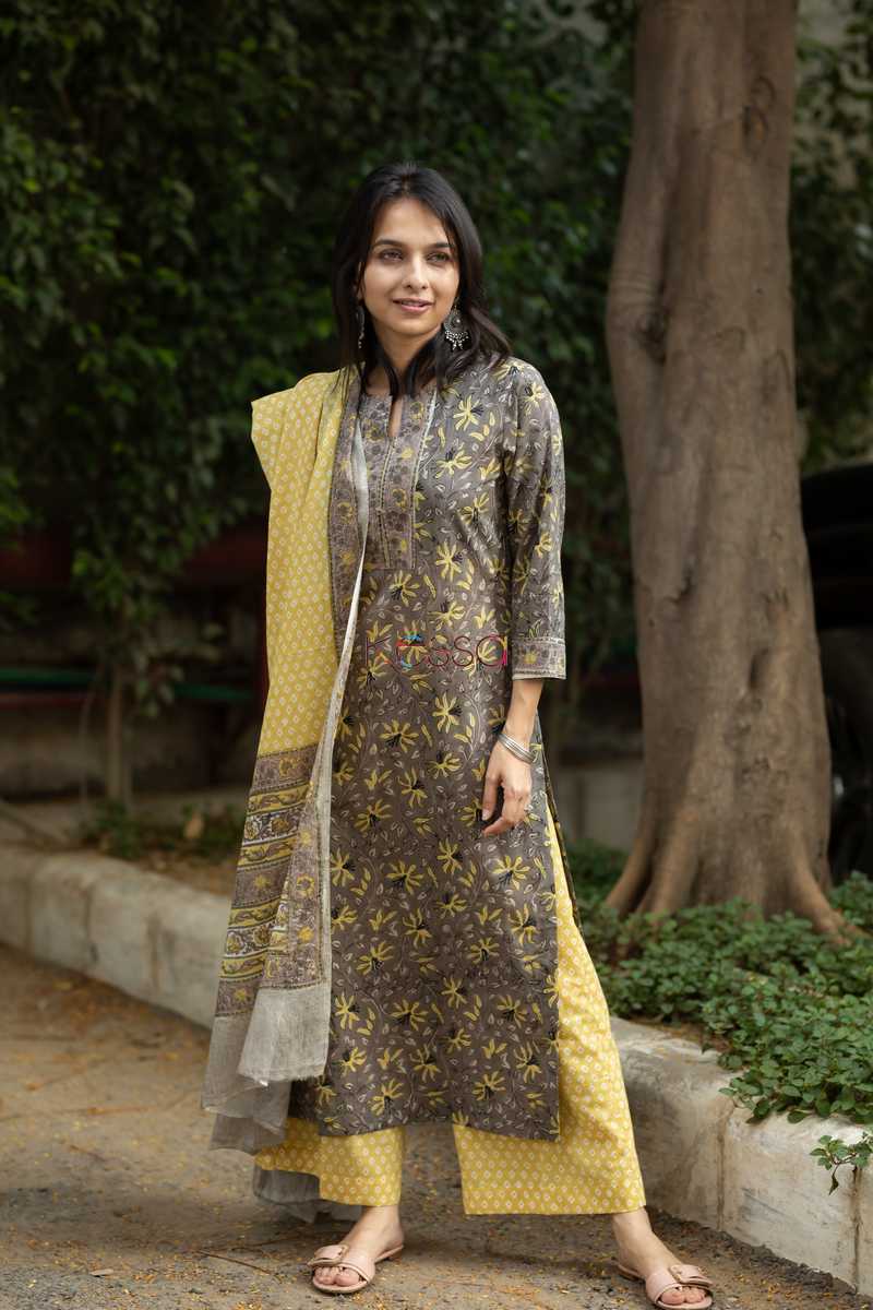 Image for Kusvaa Kuoj80 Cedar Brown Yellow Kurta Pant And Dupatta Set Featured