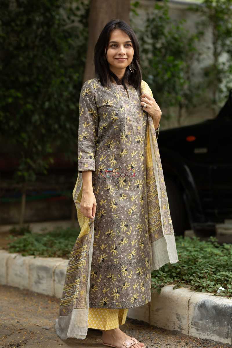 Image for Kusvaa Kuoj80 Cedar Brown Yellow Kurta Pant And Dupatta Set Front