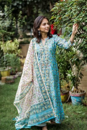 Image for Kusvaa Ws471 Baby Blue Handblock Kurta Dupatta Set Featured