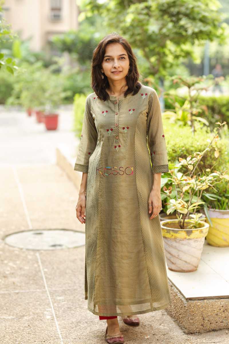 Image for Kusvaa Ws472 Uniform Green Beige Stripe Chanderi Kurta Featured