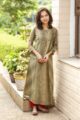 Image for Kusvaa Ws472 Uniform Green Beige Stripe Chanderi Kurta Front