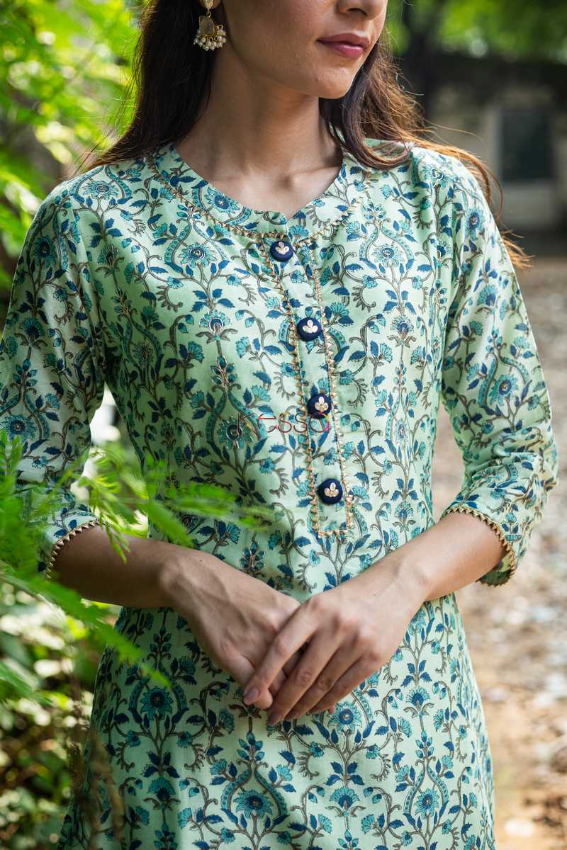Image for Kusvaa Ws474 Mint Green Blue Phool Jaal Straight Kurta Closeup 2