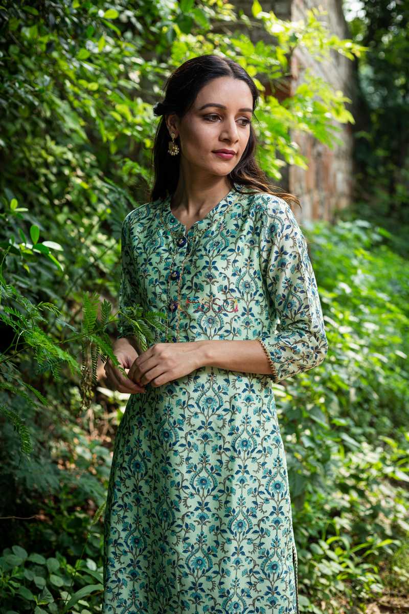 Image for Kusvaa Ws474 Mint Green Blue Phool Jaal Straight Kurta Closeup