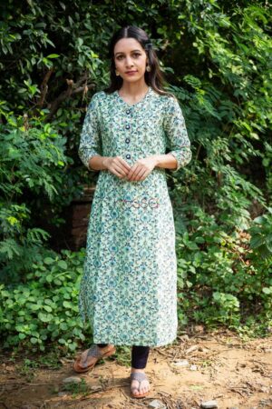 Image for Kusvaa Ws474 Mint Green Blue Phool Jaal Straight Kurta Featured