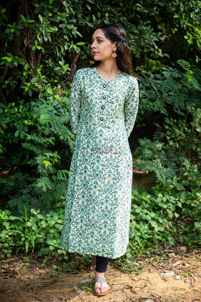 Image for Kusvaa Ws474 Mint Green Blue Phool Jaal Straight Kurta Front