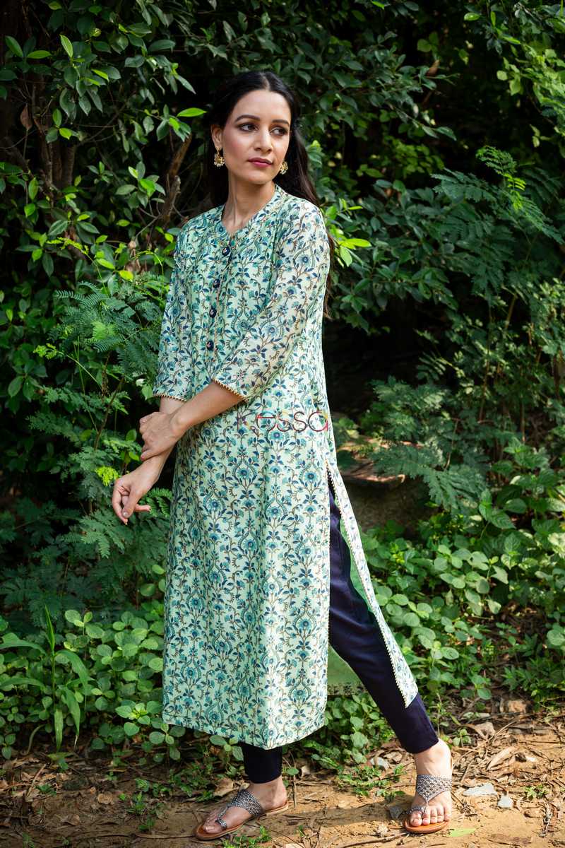 Image for Kusvaa Ws474 Mint Green Blue Phool Jaal Straight Kurta Side