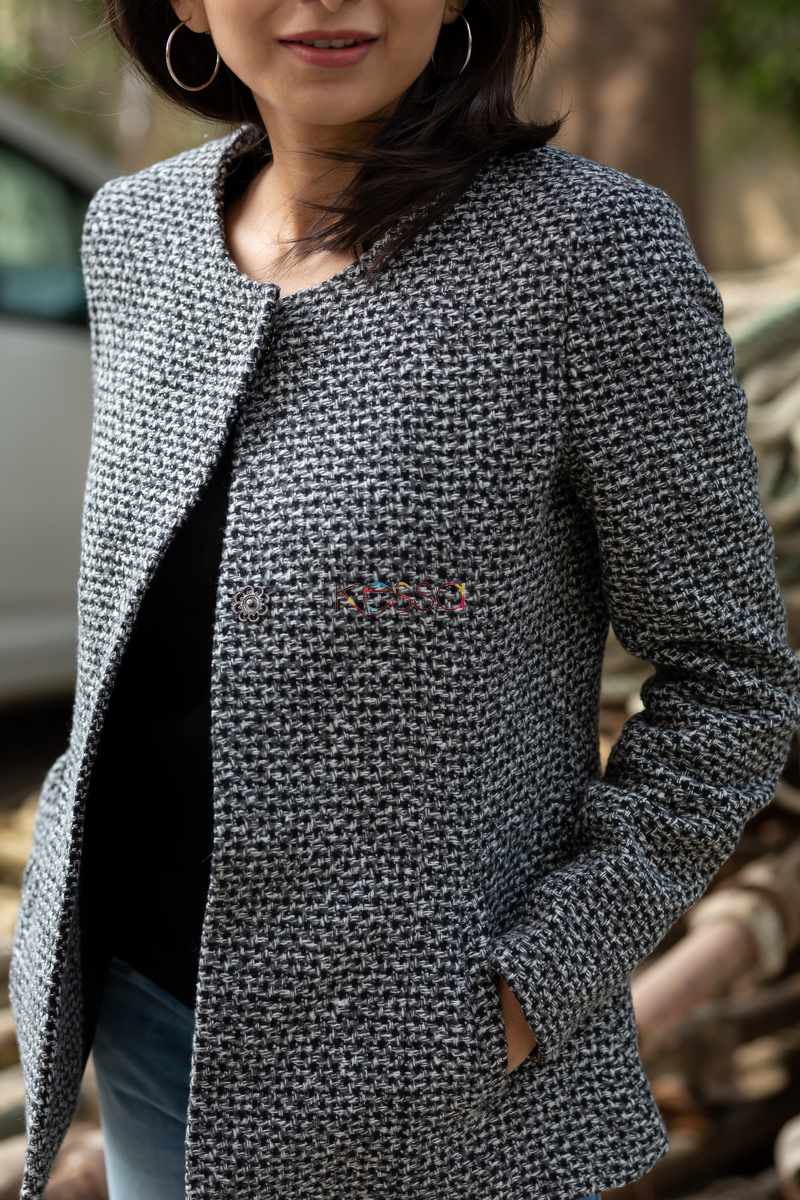 Image for Kusvaa Kj02 Checks Woolen Front Button Coat Closeup 2