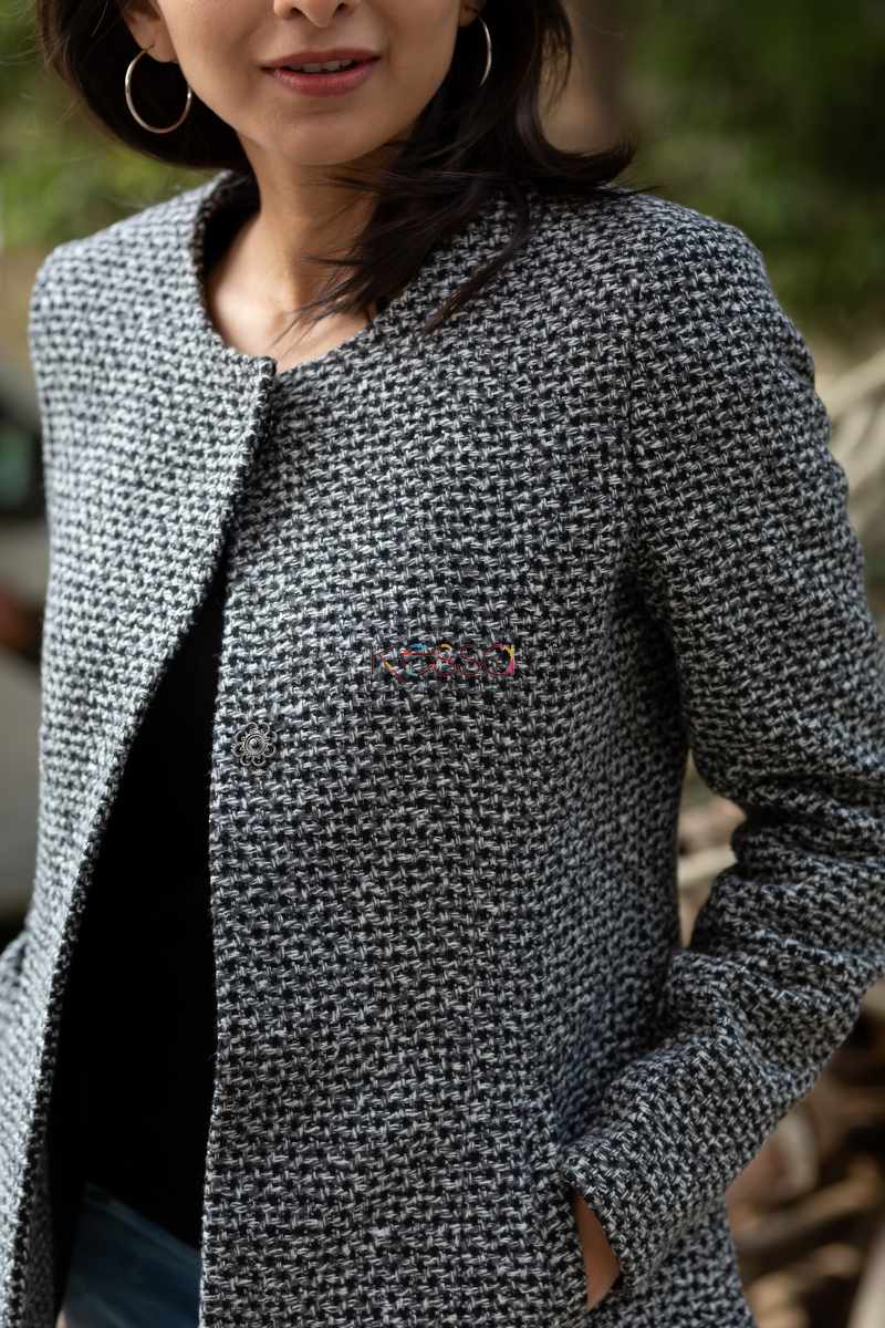 Image for Kusvaa Kj02 Checks Woolen Front Button Coat Closeup