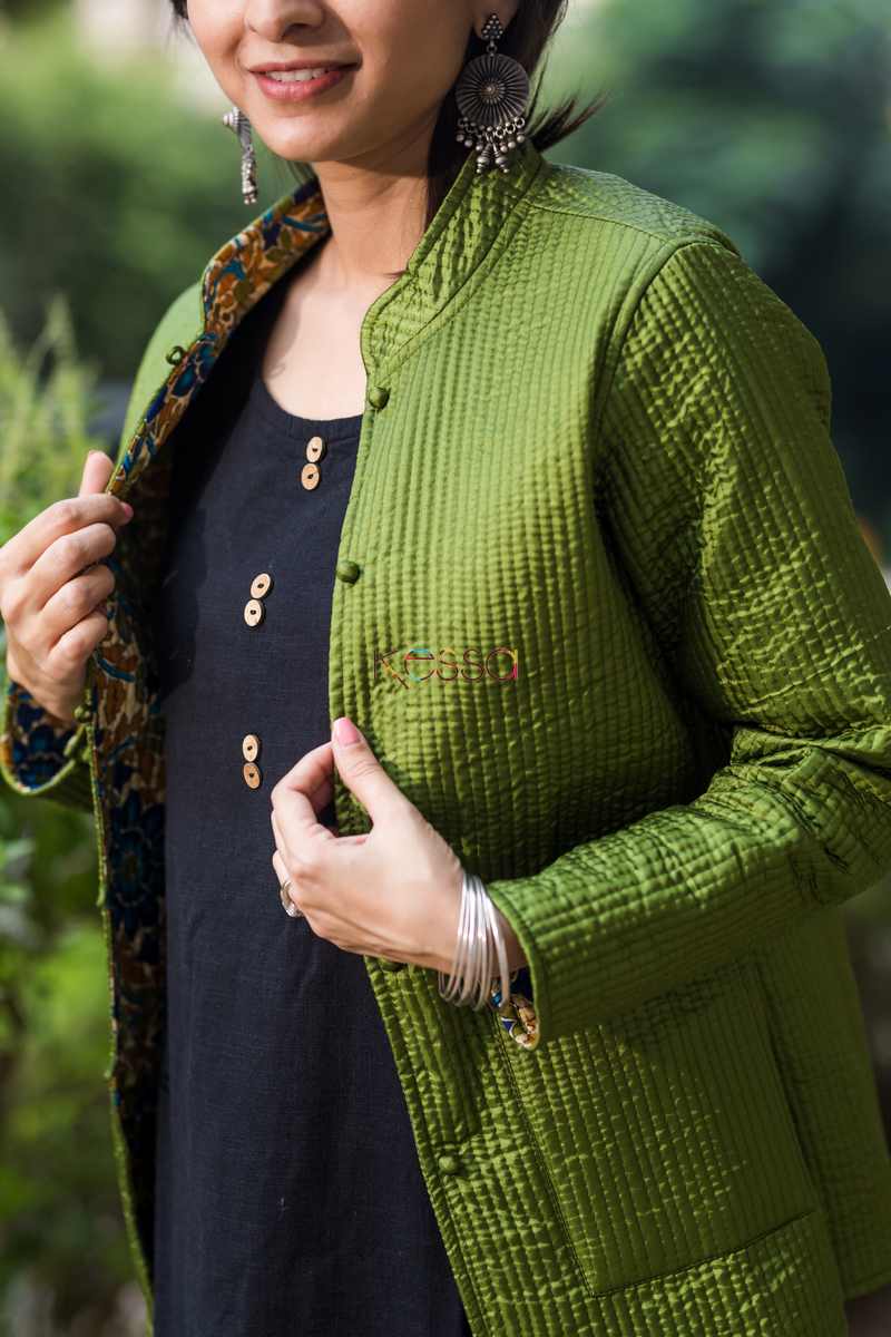 Image for Kusvaa Sj08 Trendy Green Double Full Sleeves Jacket Closeup 2