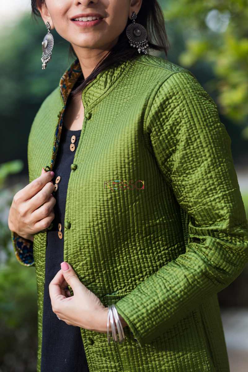 Image for Kusvaa Sj08 Trendy Green Double Full Sleeves Jacket Closeup