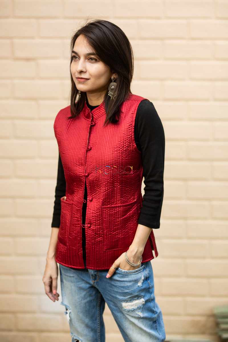 Image for Kusvaa Sj18 Carnation Red And Blue Silk Half Jacket Side 2