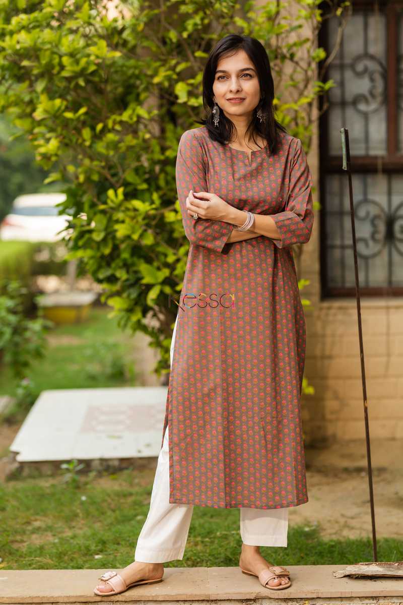Image for Kusvaa Taf14 Coral Tree Small Flower Screen Print Kurta Front