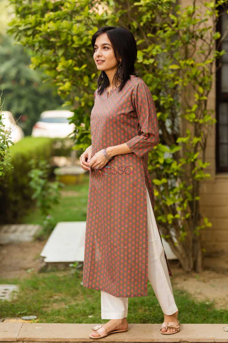 Image for Kusvaa Taf14 Coral Tree Small Flower Screen Print Kurta Side