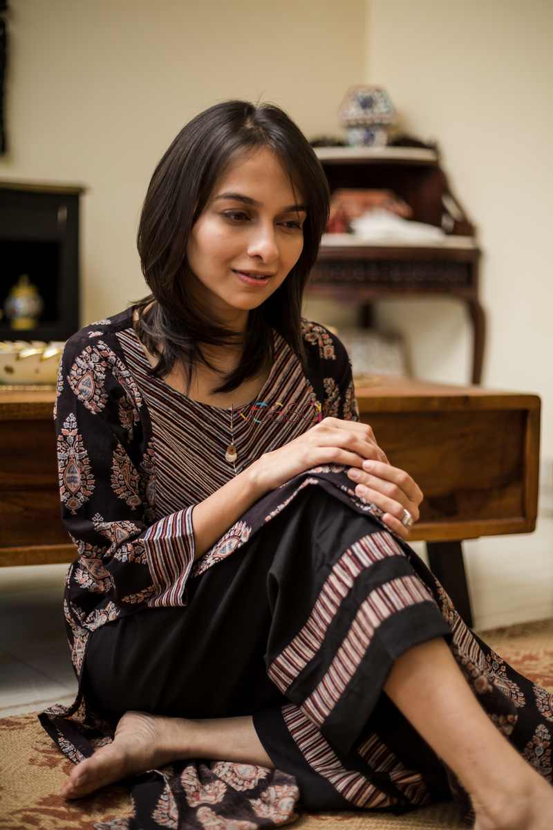 Image for Kusvaa Wa297a Black And Blue Ajrakh Kurta Pant Set Closeup 2