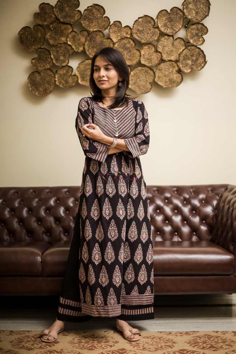 Image for Kusvaa Wa297a Black And Blue Ajrakh Kurta Pant Set Front
