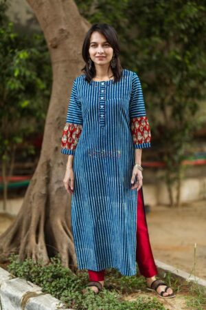 Image for Kusvaa Wsr78 Indigo Straight Fit Kurta With Maroon Sleeves Featured
