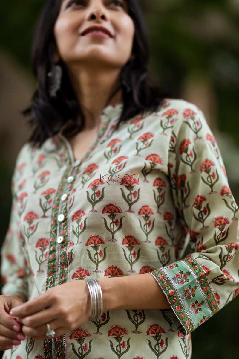 Image for Kusvaa Wsr79 Indian Khaki Block Printed A Line Kurta Closeup 2