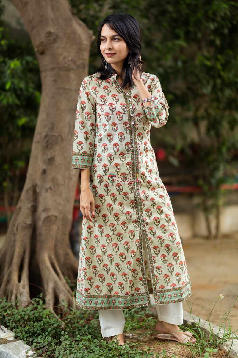 Image for Kusvaa Wsr79 Indian Khaki Block Printed A Line Kurta Featured
