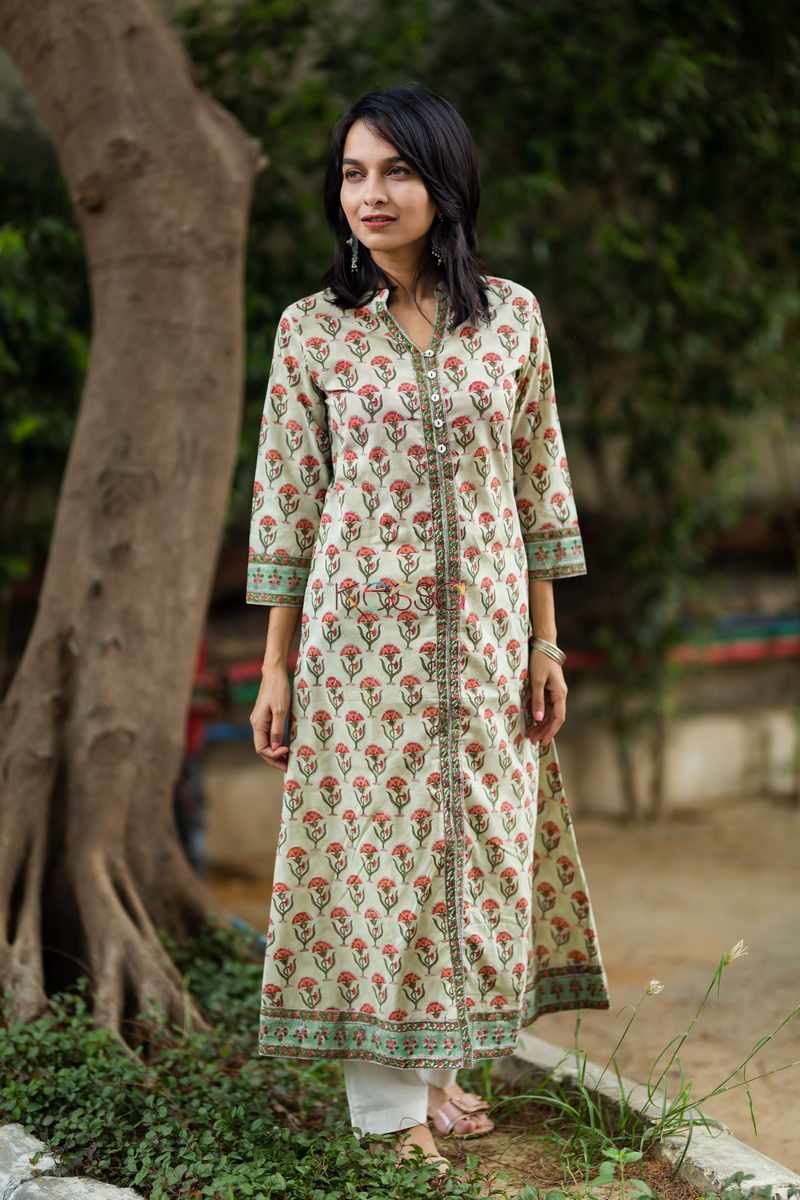 Image for Kusvaa Wsr79 Indian Khaki Block Printed A Line Kurta Front 2