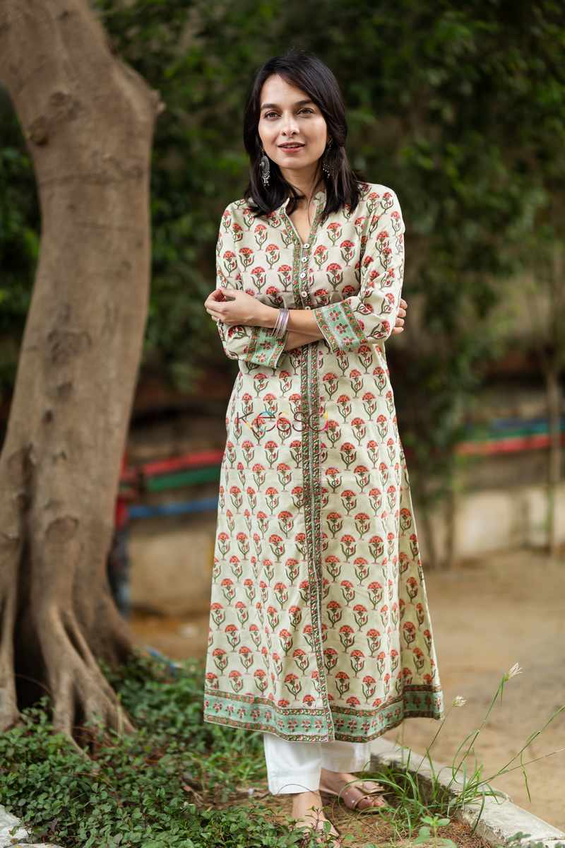 Image for Kusvaa Wsr79 Indian Khaki Block Printed A Line Kurta Front