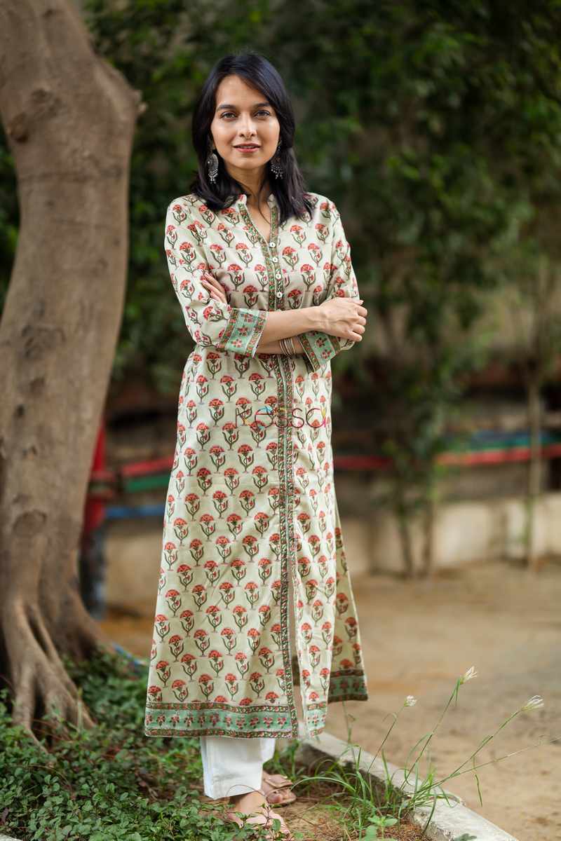 Image for Kusvaa Wsr79 Indian Khaki Block Printed A Line Kurta Side