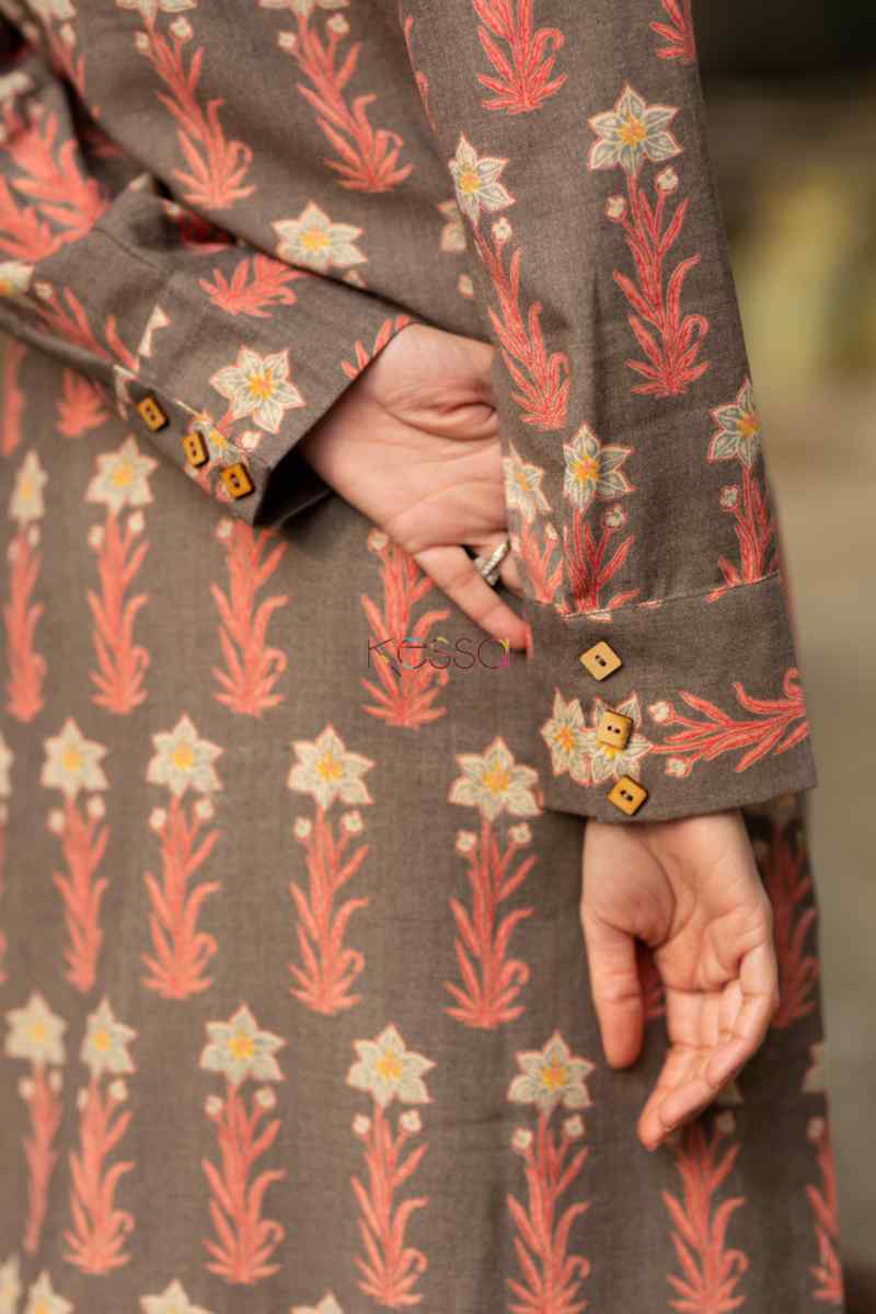 Image for Kusvaa Kc41 Roman Coffee Spun Kurta Pant Set Back Closeup