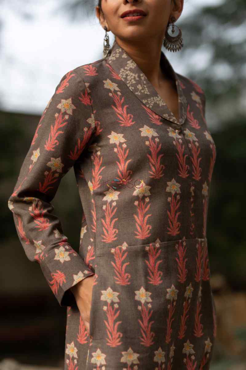 Image for Kusvaa Kc41 Roman Coffee Spun Kurta Pant Set Closeup