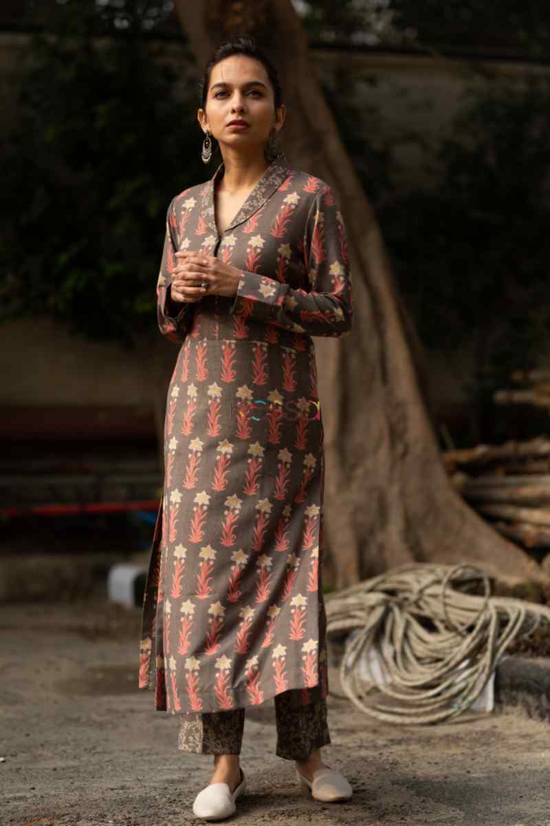 Image for Kusvaa Kc41 Roman Coffee Spun Kurta Pant Set Front 2