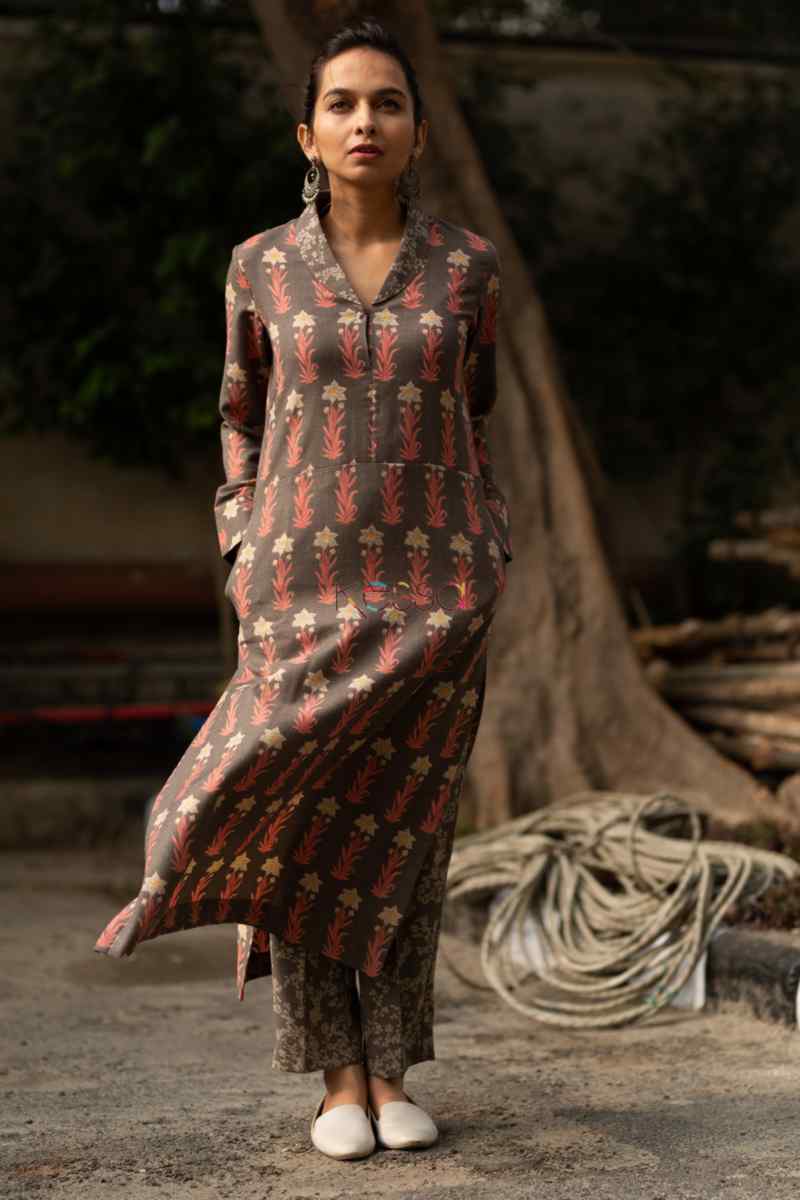 Image for Kusvaa Kc41 Roman Coffee Spun Kurta Pant Set Front