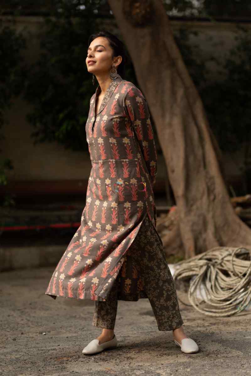 Image for Kusvaa Kc41 Roman Coffee Spun Kurta Pant Set Side