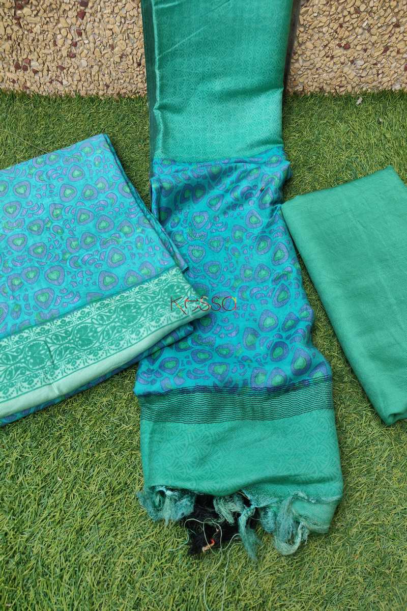 Image for Kusvaa Kusf05 Turquoise Semi Pashmina Complete Suit Set Side