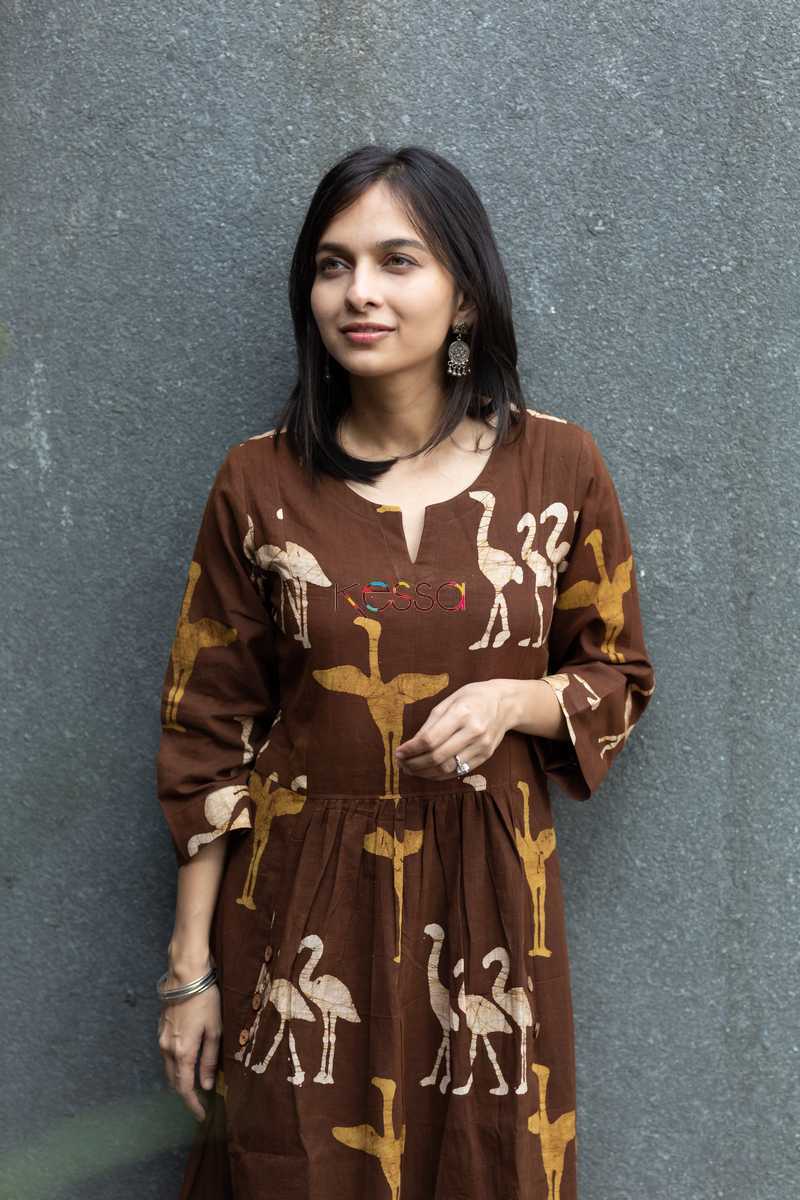 Image for Kusvaa Wa302a Saddle Brown Batik Print Dress Closeup