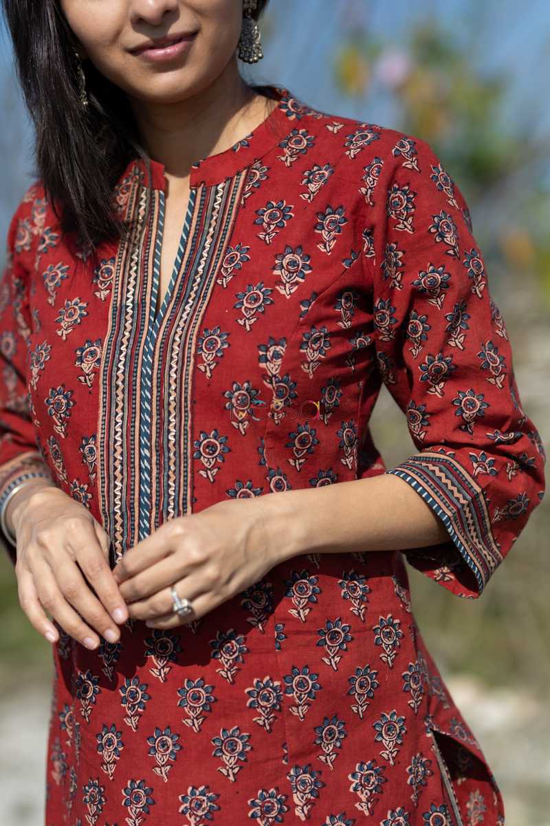 Image for Kusvaa Wa305a Apple Blossom Ajrakh Kurta Pant Set Closeup