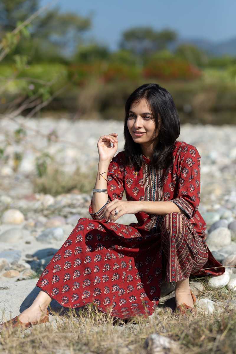 Image for Kusvaa Wa305a Apple Blossom Ajrakh Kurta Pant Set Sitting