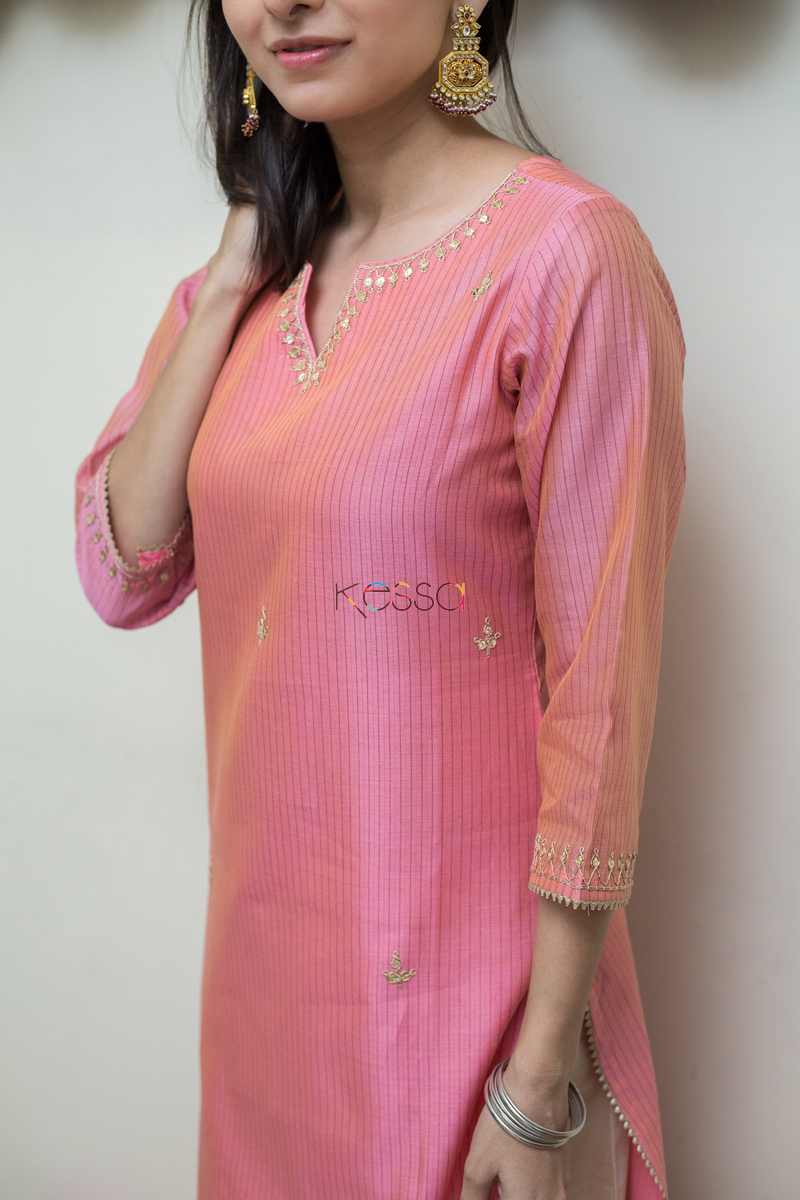 Image for Kusvaa Ws494 Coral Tree Pink Stripe Chanderi Kurta Closeup 2