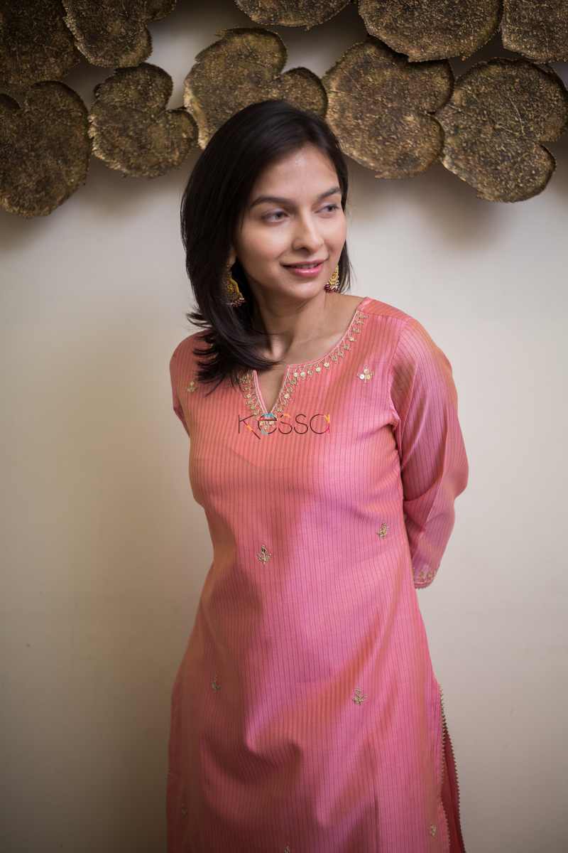 Image for Kusvaa Ws494 Coral Tree Pink Stripe Chanderi Kurta Closeup