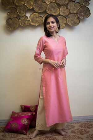 Image for Kusvaa Ws494 Coral Tree Pink Stripe Chanderi Kurta Featured