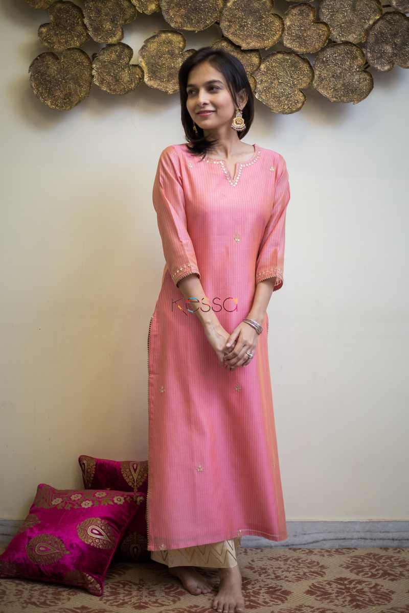 Image for Kusvaa Ws494 Coral Tree Pink Stripe Chanderi Kurta Front