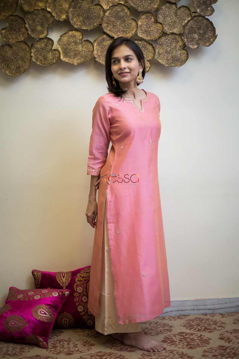 Image for Kusvaa Ws494 Coral Tree Pink Stripe Chanderi Kurta Side