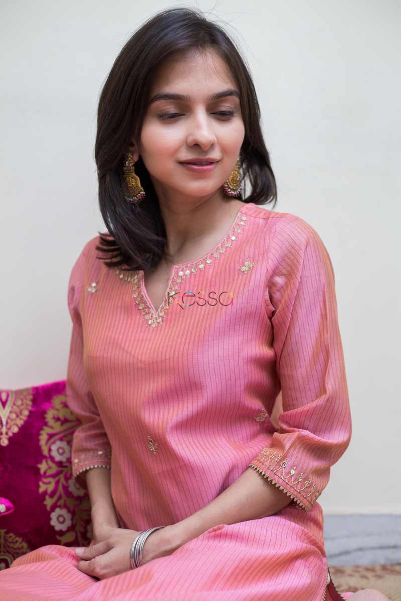 Image for Kusvaa Ws494 Coral Tree Pink Stripe Chanderi Kurta Sitting
