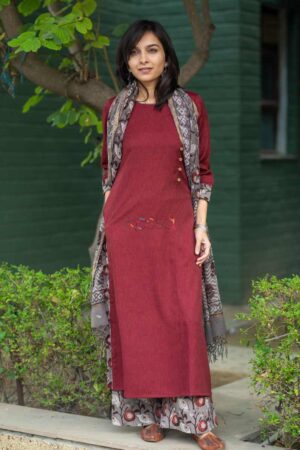Image for Kusvaa Ws497 Tobacco Brown And Maroon Kurta Dupatta Pant Set Featured
