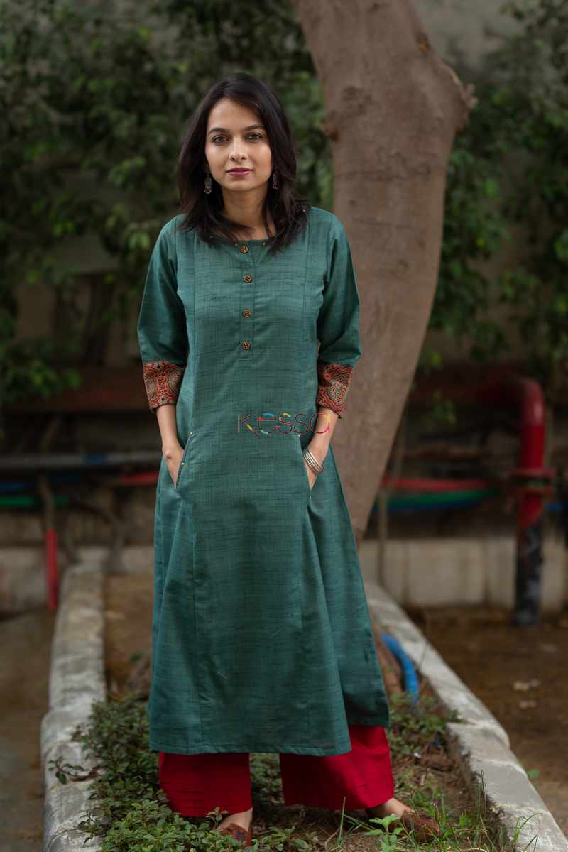 Image for Kusvaa Ws498 Mineral Green Khadi Silk Kurta Featured