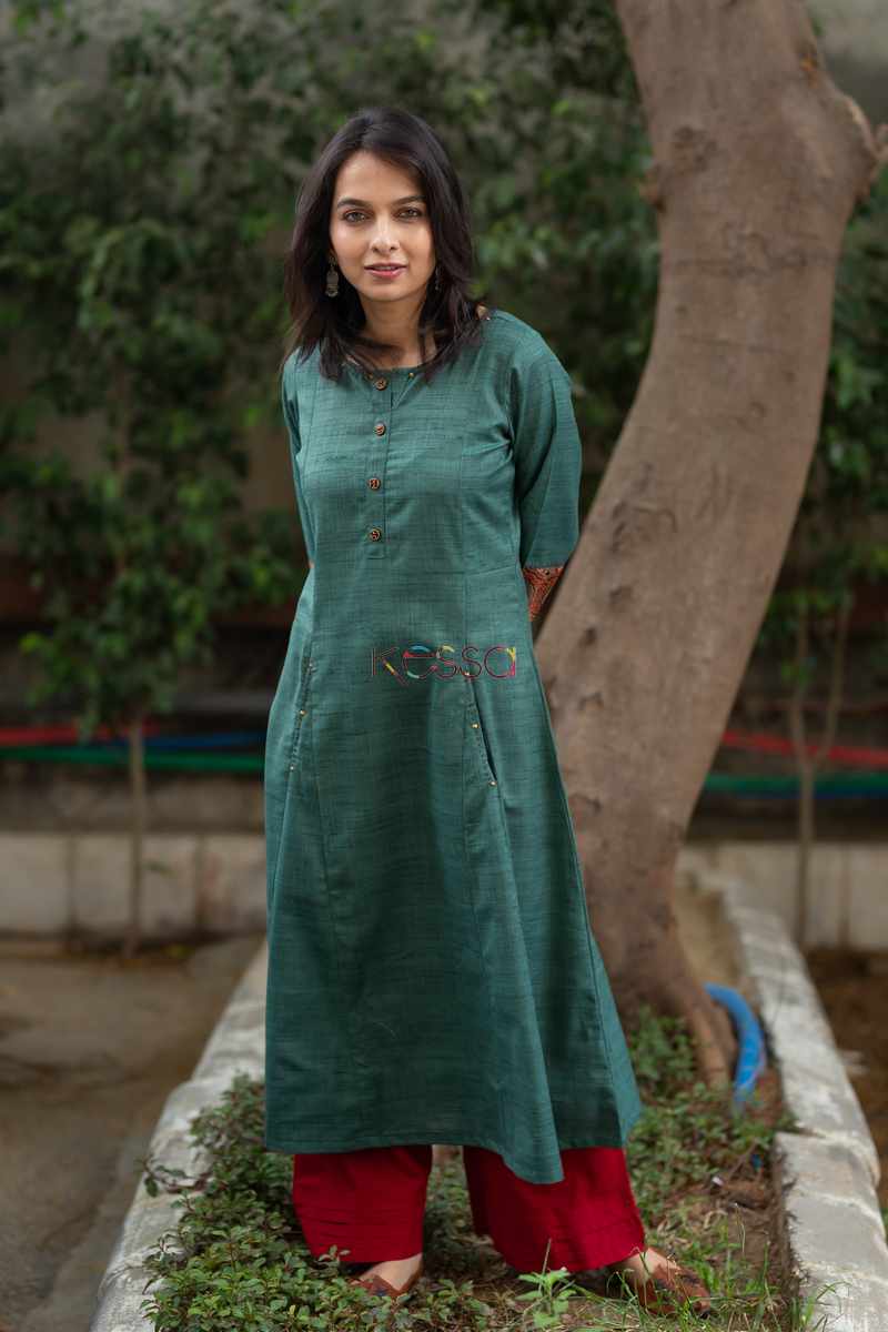 Image for Kusvaa Ws498 Mineral Green Khadi Silk Kurta Front
