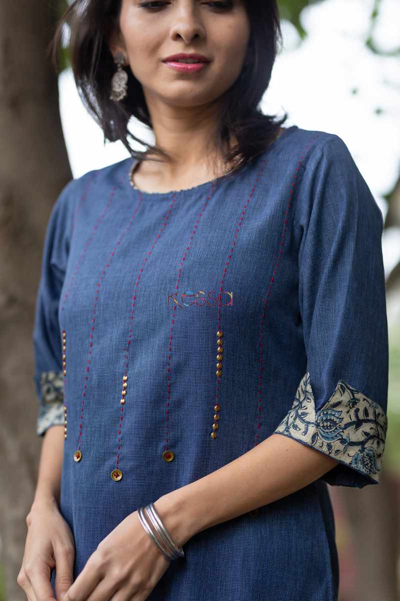 Image for Kusvaa Ws500 Kashmir Blue And Beige Kurta Pant Set Closeup