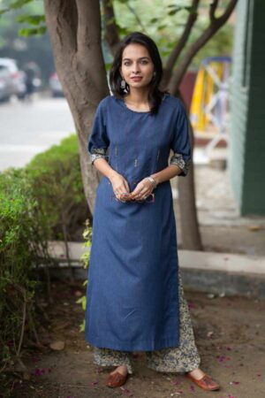 Image for Kusvaa Ws500 Kashmir Blue And Beige Kurta Pant Set Featured
