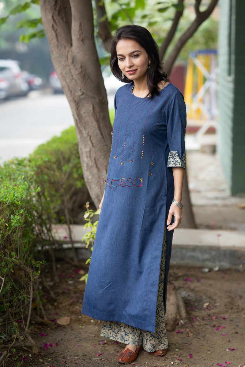 Image for Kusvaa Ws500 Kashmir Blue And Beige Kurta Pant Set Front