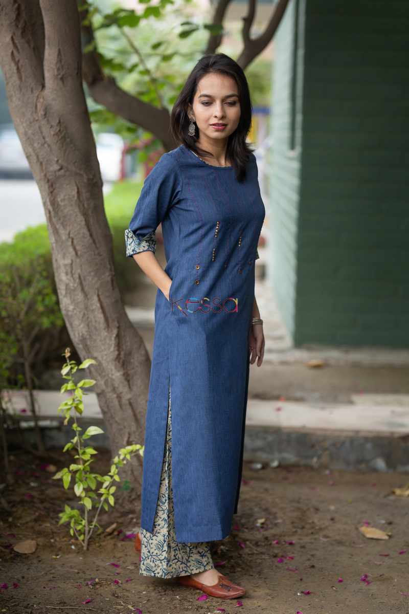 Image for Kusvaa Ws500 Kashmir Blue And Beige Kurta Pant Set Side 2