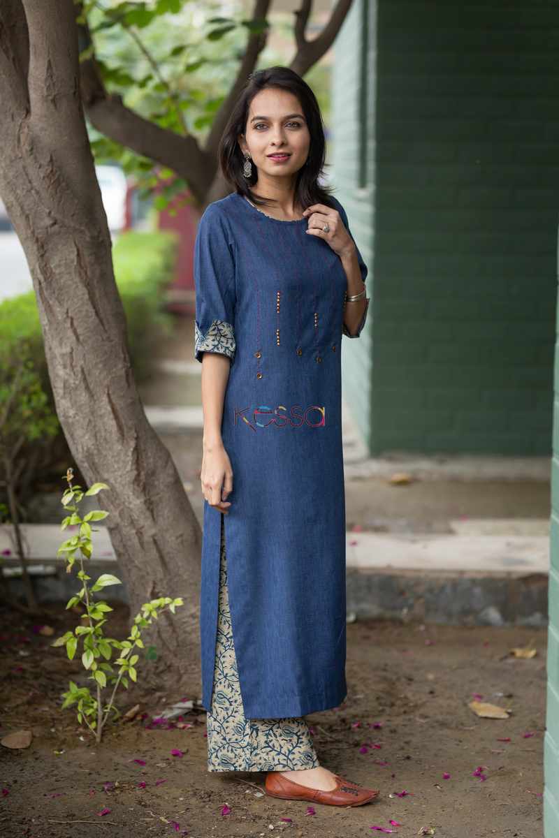 Image for Kusvaa Ws500 Kashmir Blue And Beige Kurta Pant Set Side