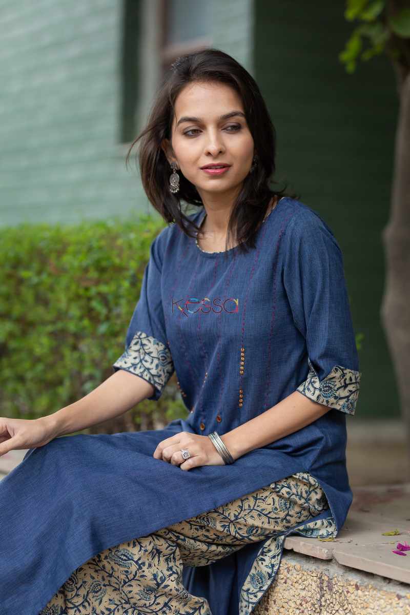 Image for Kusvaa Ws500 Kashmir Blue And Beige Kurta Pant Set Sitting